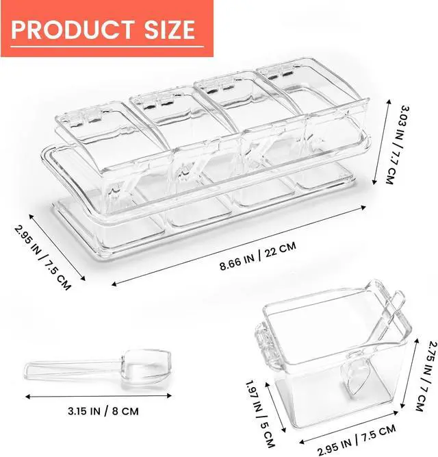 Alt view image 2 of 7 - Clear Seasoning Box, 4 Piece Seasoning Rack Spice Pots, Plastic Storage Container Condiment Jars with Lids and Spoon, Storage Container Spice Jar for Salt Sugar Tea Herbal Coffee Beans
