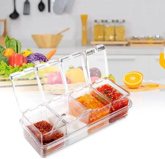 Alt view image 3 of 7 - Clear Seasoning Box, 4 Piece Seasoning Rack Spice Pots, Plastic Storage Container Condiment Jars with Lids and Spoon, Storage Container Spice Jar for Salt Sugar Tea Herbal Coffee Beans
