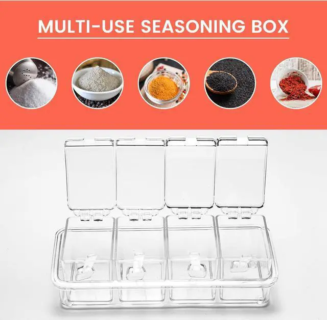 Alt view image 4 of 7 - Clear Seasoning Box, 4 Piece Seasoning Rack Spice Pots, Plastic Storage Container Condiment Jars with Lids and Spoon, Storage Container Spice Jar for Salt Sugar Tea Herbal Coffee Beans