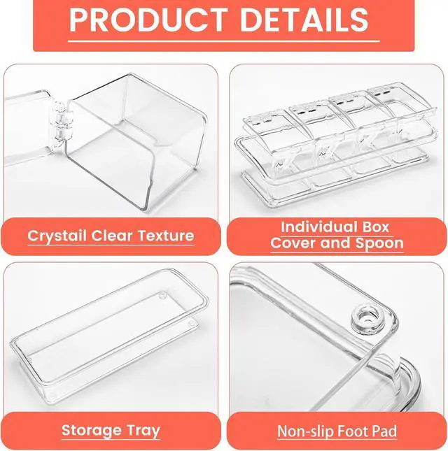 Alt view image 6 of 7 - Clear Seasoning Box, 4 Piece Seasoning Rack Spice Pots, Plastic Storage Container Condiment Jars with Lids and Spoon, Storage Container Spice Jar for Salt Sugar Tea Herbal Coffee Beans