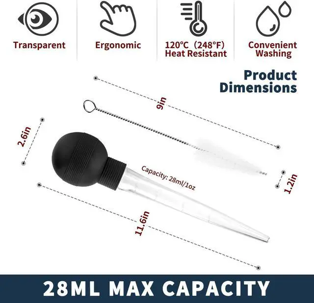 Alt view image 4 of 6 - Kendane Turkey Baster With Cleaning Brush, Baster Syringe | for Home Baking and Roaster Turkey,Include Detachable Food Grade Bulb with Double Scales for Grill Baking Kitchen Cooking
