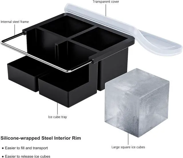 Alt view image 2 of 7 - Bangp Large Ice Cube Tray for Whiskey,Silicone Ice Cube Trays 2 Pack,Large Ice Cube Molds with Leak Proof Removable Lid,Square Ice Cube Tray for Whiskey and Cocktail