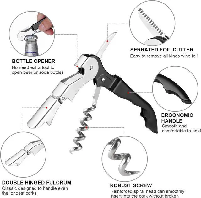 Alt view image 2 of 6 - Professional Heavy Duty Wine Opener, Compact and Foldable Wine Key, Strength Stainless Steel corkscrew, Double Hinged, Foil Cutter, Ideal Tools for Servers, Bartenders, Sommelier (Black).