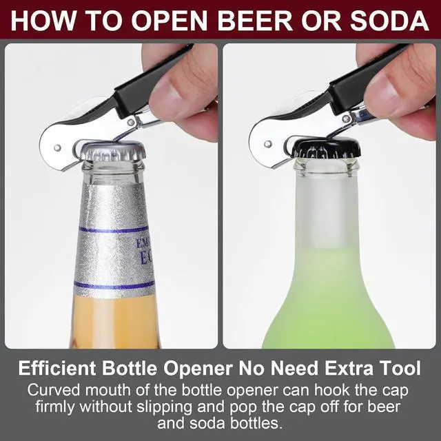 Alt view image 4 of 6 - Professional Heavy Duty Wine Opener, Compact and Foldable Wine Key, Strength Stainless Steel corkscrew, Double Hinged, Foil Cutter, Ideal Tools for Servers, Bartenders, Sommelier (Black).
