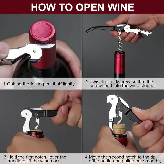 Alt view image 3 of 6 - Professional Heavy Duty Wine Opener, Compact and Foldable Wine Key, Strength Stainless Steel corkscrew, Double Hinged, Foil Cutter, Ideal Tools for Servers, Bartenders, Sommelier (Black).