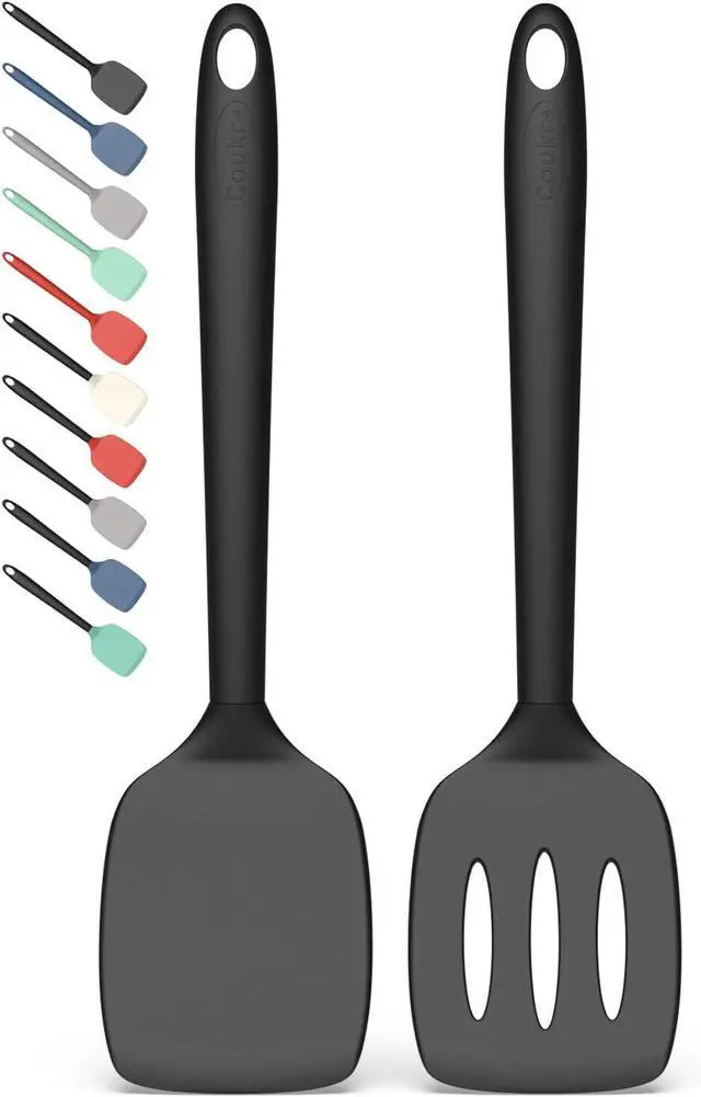 Main image of Coukre 2 Pack Silicone Spatula Set,High Heat Resistant, BPA-Free | Dishwasher Safe Kitchen Spatula for Nonstick Pans, Solid & Slotted Turners for Cooking, Sautéing, and Flipping, PureBlack