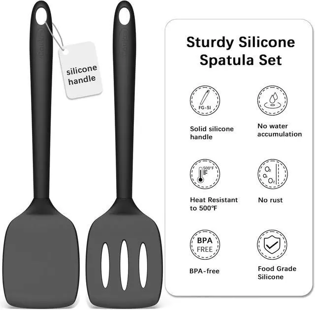 Alt view image 2 of 6 - Coukre 2 Pack Silicone Spatula Set,High Heat Resistant, BPA-Free | Dishwasher Safe Kitchen Spatula for Nonstick Pans, Solid & Slotted Turners for Cooking, Sautéing, and Flipping, PureBlack