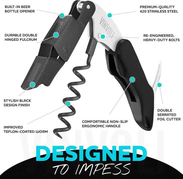 Alt view image 3 of 6 - Vinvoli Professional Waiters Corkscrew - Multi-Functional 3-in-1 Cork Screw Bottle Opener - Wine Key With Wine Foil Cutter
