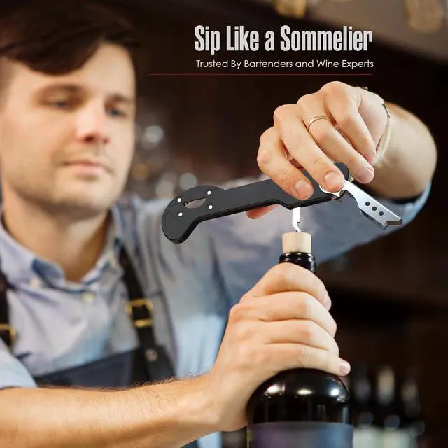 Alt view image 3 of 7 - Wine Opener, Wine Key for Servers, Waiters Corkscrew, Black, 5 1/4" | Houseables Travel Bottle Opener, Cork Screw, with Foil Cutter, Bartenders Tool, Professional, Restaurant, TSA Approved