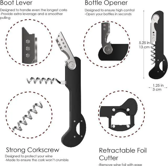 Alt view image 4 of 7 - Wine Opener, Wine Key for Servers, Waiters Corkscrew, Black, 5 1/4" | Houseables Travel Bottle Opener, Cork Screw, with Foil Cutter, Bartenders Tool, Professional, Restaurant, TSA Approved