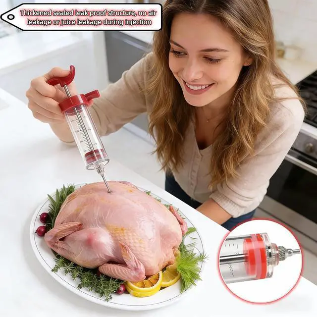 Alt view image 2 of 7 - Meat Injector Syringe with Cleaning Brush,30ml/1oz Capacity Turkey Injector with 3"Needle,1 oz Brining Kit for Effortless Marinating-Perfect for BBQ,Chicken,Thanksgiving Turkey,Steak&Grill