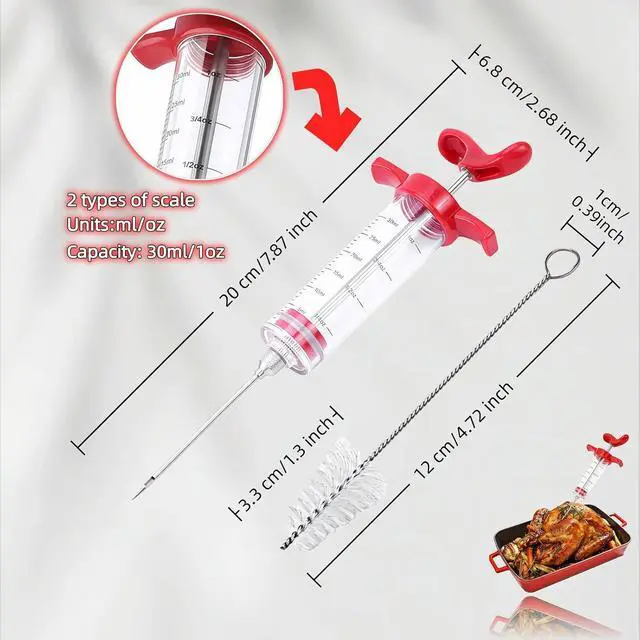 Alt view image 5 of 7 - Meat Injector Syringe with Cleaning Brush,30ml/1oz Capacity Turkey Injector with 3"Needle,1 oz Brining Kit for Effortless Marinating-Perfect for BBQ,Chicken,Thanksgiving Turkey,Steak&Grill