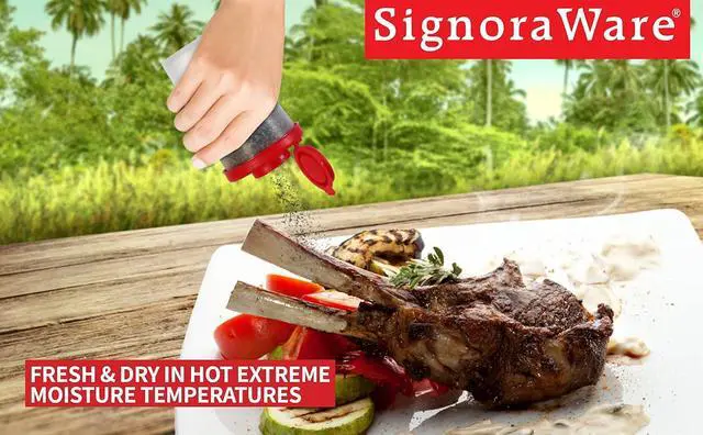 Alt view image 2 of 6 - SIGNORAWARE Salt and Pepper Shakers Moisture Proof Set of 2 Large Salt Shaker to go Camping Picnic Outdoors Kitchen Lunch Boxes Travel Spice Set Clear with Red Covers Lids Plastic Airtight Dispenser