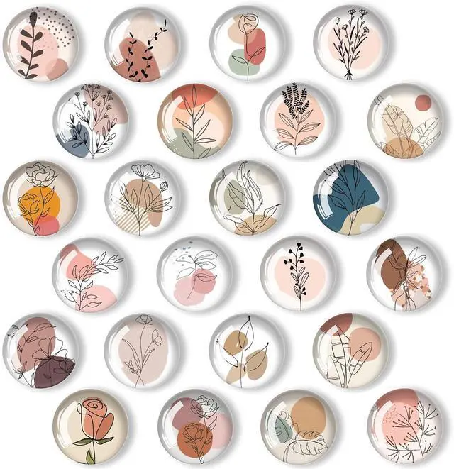 Main image of 24 Pcs 1.2 in Round Glass Boho Refrigerator Magnets - Strong & Non Scratch for Fridge,Locker,Office & Kitchen Decor.Aesthetic Flower Plant Line Drawing Design,Irresistibly Cute