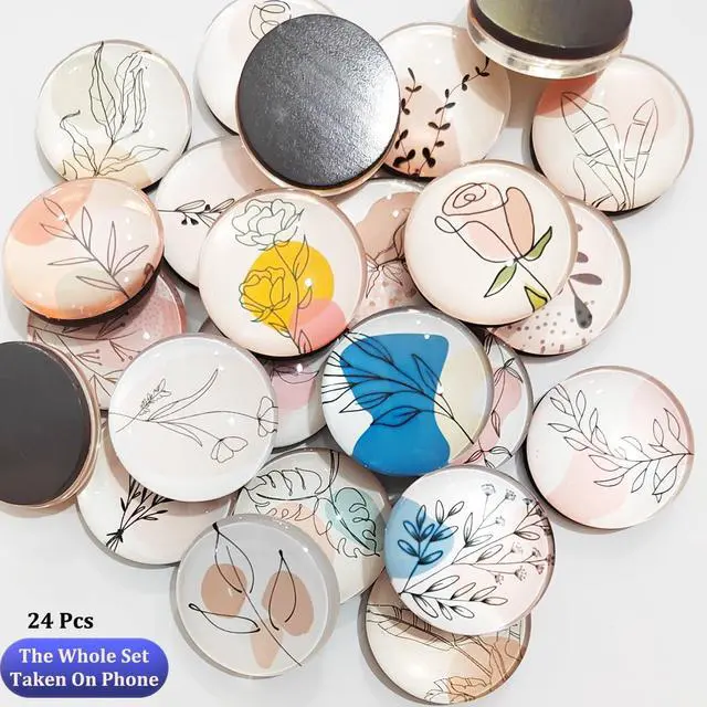 Alt view image 3 of 6 - 24 Pcs 1.2 in Round Glass Boho Refrigerator Magnets - Strong & Non Scratch for Fridge,Locker,Office & Kitchen Decor.Aesthetic Flower Plant Line Drawing Design,Irresistibly Cute