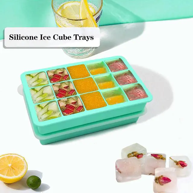 Alt view image 3 of 6 - 2 Pack Silicone Ice Cube Trays, Easy Release Flexible-15 Cubes Ice Cube Molds,Silicone Ice Cube Molds with Removable Lids for Cocktail, Whiskey, Baby Food, Chocolate-Reusable (Mint Green)