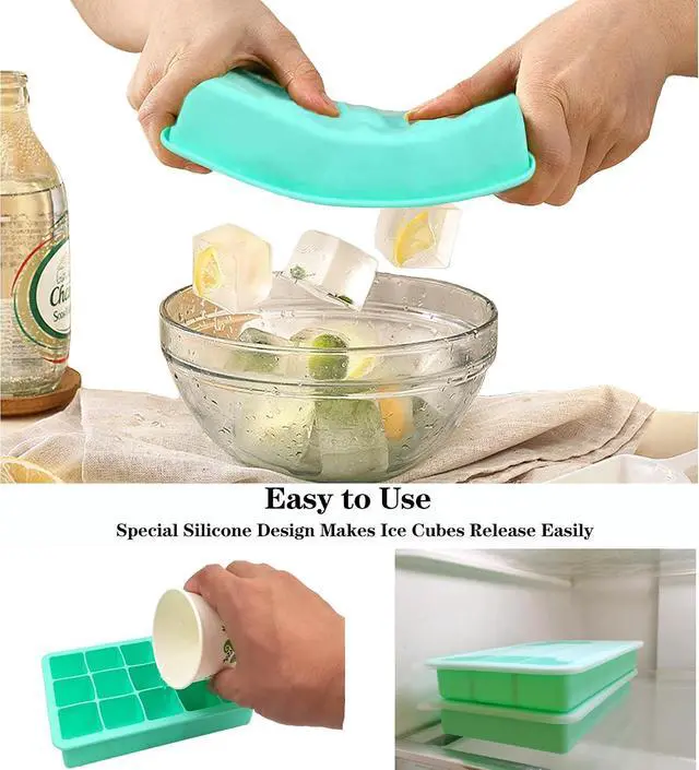 Alt view image 4 of 6 - 2 Pack Silicone Ice Cube Trays, Easy Release Flexible-15 Cubes Ice Cube Molds,Silicone Ice Cube Molds with Removable Lids for Cocktail, Whiskey, Baby Food, Chocolate-Reusable (Mint Green)