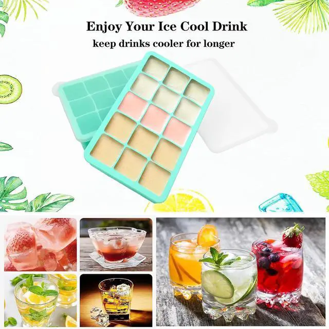 Alt view image 6 of 6 - 2 Pack Silicone Ice Cube Trays, Easy Release Flexible-15 Cubes Ice Cube Molds,Silicone Ice Cube Molds with Removable Lids for Cocktail, Whiskey, Baby Food, Chocolate-Reusable (Mint Green)