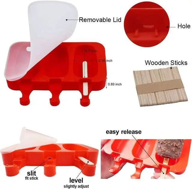 Alt view image 2 of 7 - Homemade Popsicle Silicone Molds with Lid Popsicle Molds BPA-Free, Ice Pop Molds with 3 Cavities, Cake,Ice Cream and Popsicle Maker Easy Release with 100 Popsicle Sticks (Set of 2 Red)