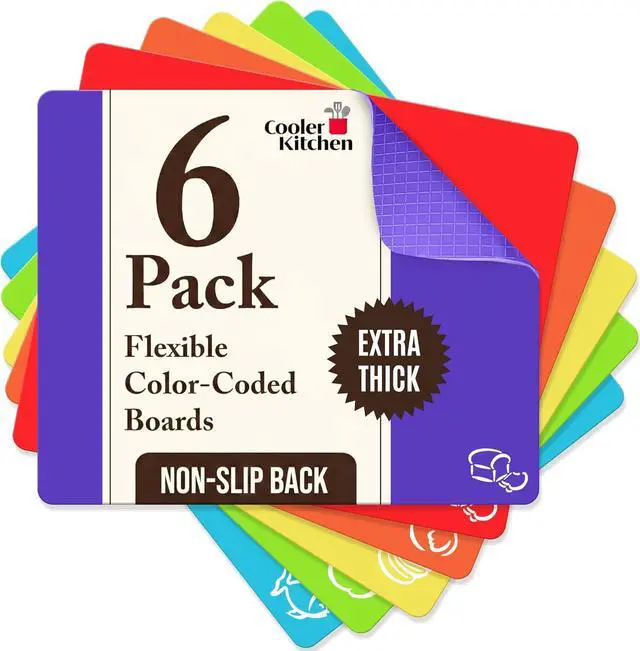 Main image of Extra Thick Flexible Plastic Cutting Board Mats, Set of 6 for Kitchen, BPA Free, Non-Slip Waffle Back, Dishwasher Safe Cutting Boards, Color Coded with Food Icons, 15x12 Inch - Cooler Kitchen