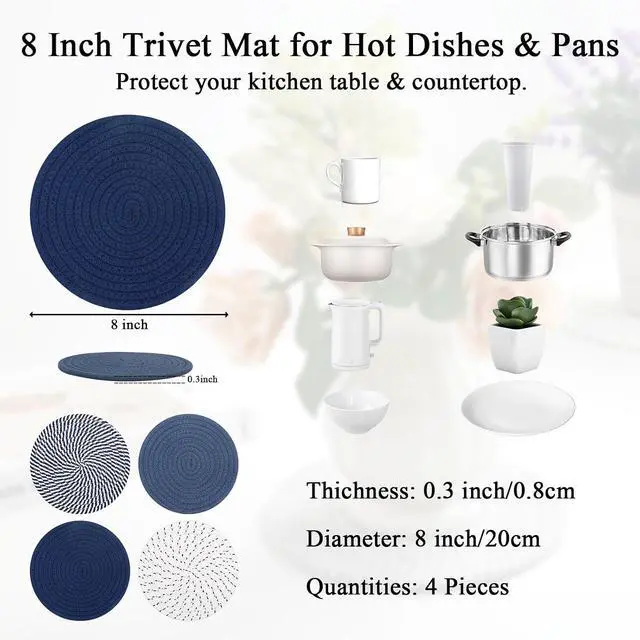 Alt view image 2 of 7 - SHACOS 8 Inches Trivets for Hot Dishes, 4 Pieces | Cotton Trivets Mats for Kitchen, Hot Pads for Countertops and Table, Heat-Resistant Pot Holders for Hot Pots and Pans, Blue