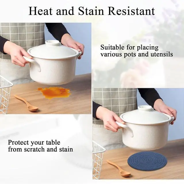 Alt view image 3 of 7 - SHACOS 8 Inches Trivets for Hot Dishes, 4 Pieces | Cotton Trivets Mats for Kitchen, Hot Pads for Countertops and Table, Heat-Resistant Pot Holders for Hot Pots and Pans, Blue
