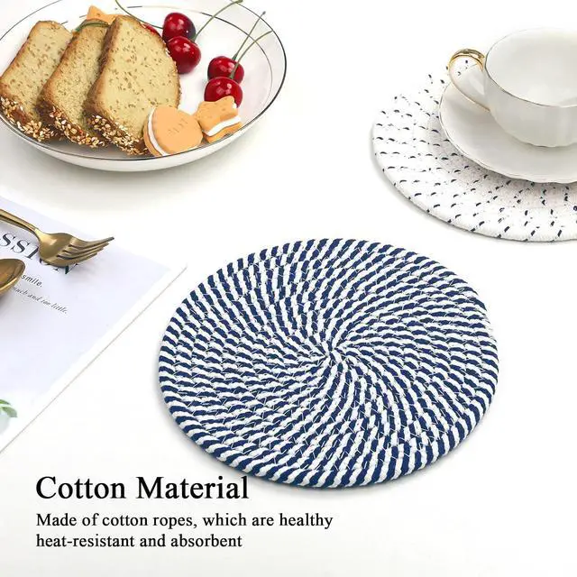 Alt view image 4 of 7 - SHACOS 8 Inches Trivets for Hot Dishes, 4 Pieces | Cotton Trivets Mats for Kitchen, Hot Pads for Countertops and Table, Heat-Resistant Pot Holders for Hot Pots and Pans, Blue