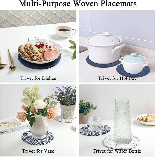 Alt view image 6 of 7 - SHACOS 8 Inches Trivets for Hot Dishes, 4 Pieces | Cotton Trivets Mats for Kitchen, Hot Pads for Countertops and Table, Heat-Resistant Pot Holders for Hot Pots and Pans, Blue