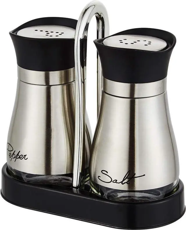 Main image of Lonffery Salt and Pepper Shakers Set | Stainless Steel Salt Containers with Glass Bottle for Table, RV, Camp, BBQ, Set of 2
