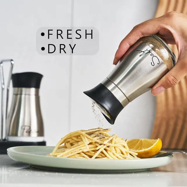 Alt view image 2 of 7 - Lonffery Salt and Pepper Shakers Set | Stainless Steel Salt Containers with Glass Bottle for Table, RV, Camp, BBQ, Set of 2