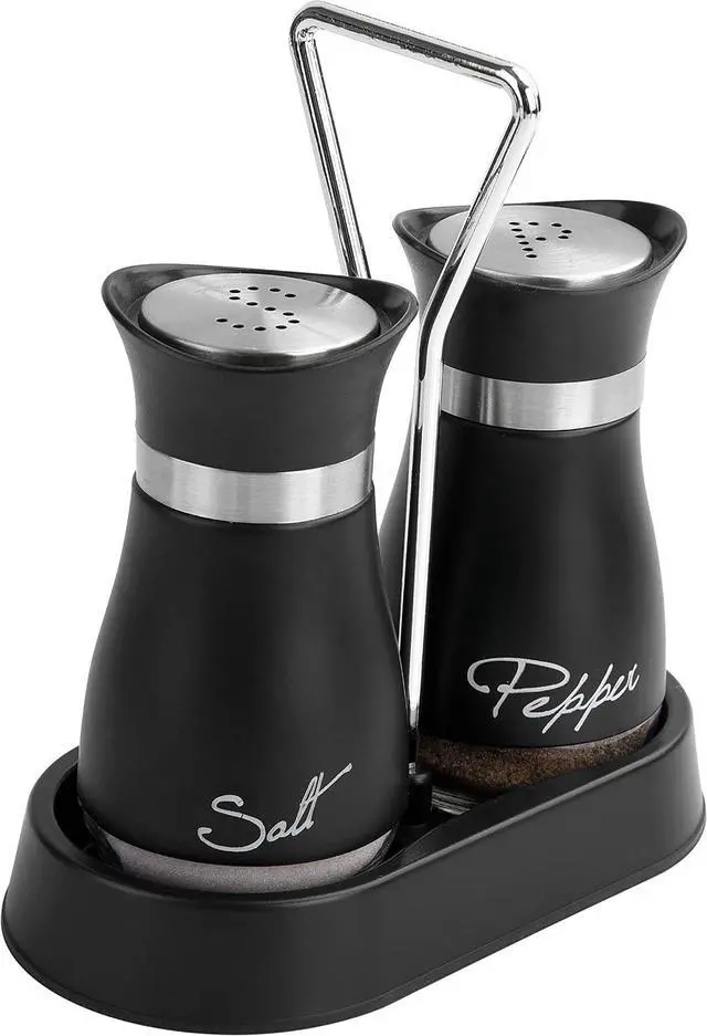 Main image of 2 PCS - Stainless Steel and Glass Salt and Pepper Shaker Sets with Holder (BLACK)