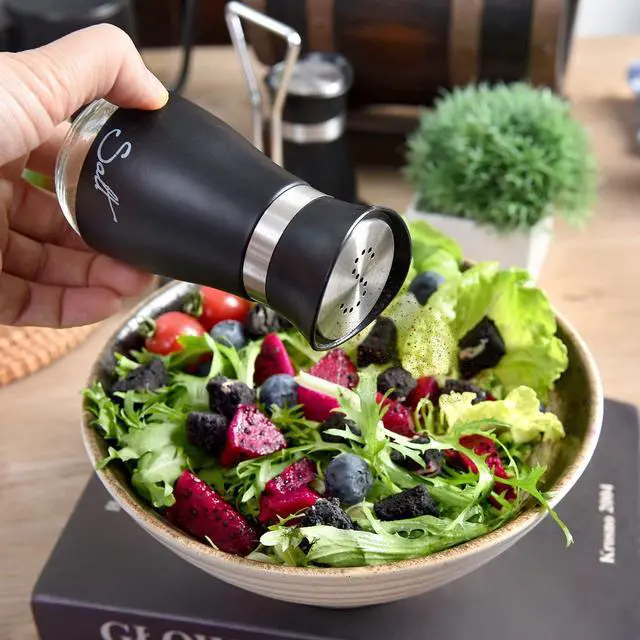 Alt view image 2 of 5 - 2 PCS - Stainless Steel and Glass Salt and Pepper Shaker Sets with Holder (BLACK)