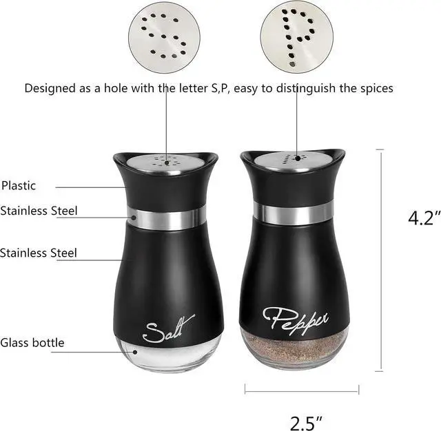 Alt view image 3 of 5 - 2 PCS - Stainless Steel and Glass Salt and Pepper Shaker Sets with Holder (BLACK)