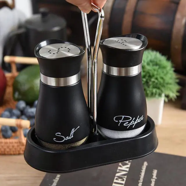 Alt view image 4 of 5 - 2 PCS - Stainless Steel and Glass Salt and Pepper Shaker Sets with Holder (BLACK)