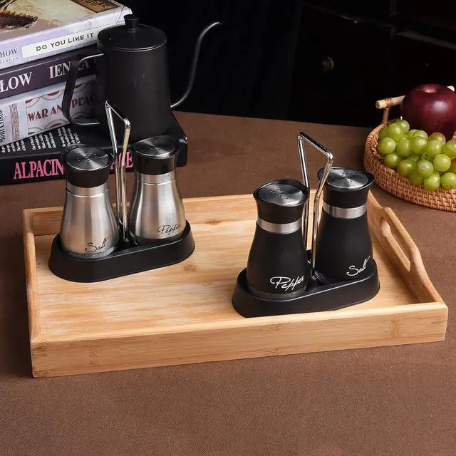 Alt view image 5 of 5 - 2 PCS - Stainless Steel and Glass Salt and Pepper Shaker Sets with Holder (BLACK)