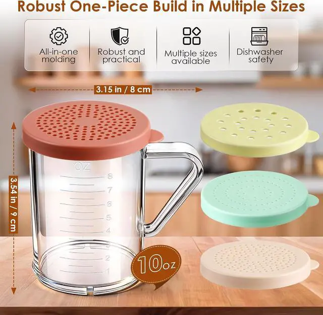 Alt view image 3 of 7 - Feekoon 5 Pcs Dredge with Snap Lid, Seasoning Sugar Spice Shaker with Lids | 10 OZ Clear Spice Dredge, Dishwasher Safe, Clear PC Body, Measuring Marks, Interchangeable Lids,Fine & Coarse Seasoning
