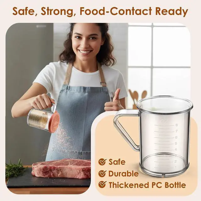 Alt view image 5 of 7 - Feekoon 5 Pcs Dredge with Snap Lid, Seasoning Sugar Spice Shaker with Lids | 10 OZ Clear Spice Dredge, Dishwasher Safe, Clear PC Body, Measuring Marks, Interchangeable Lids,Fine & Coarse Seasoning