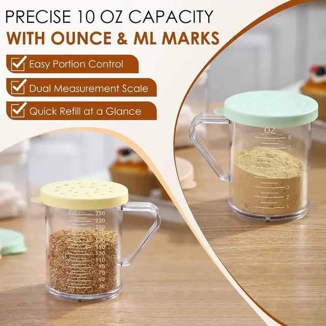 Alt view image 4 of 7 - Feekoon 5 Pcs Dredge with Snap Lid, Seasoning Sugar Spice Shaker with Lids | 10 OZ Clear Spice Dredge, Dishwasher Safe, Clear PC Body, Measuring Marks, Interchangeable Lids,Fine & Coarse Seasoning