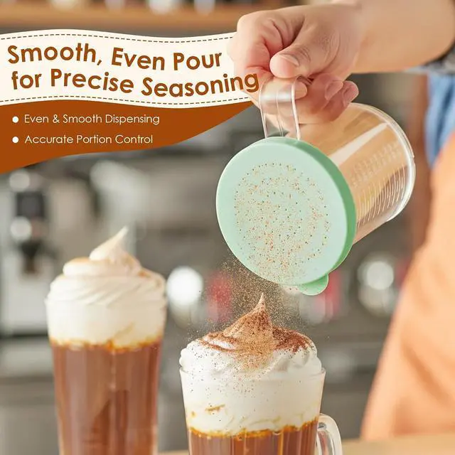 Alt view image 6 of 7 - Feekoon 5 Pcs Dredge with Snap Lid, Seasoning Sugar Spice Shaker with Lids | 10 OZ Clear Spice Dredge, Dishwasher Safe, Clear PC Body, Measuring Marks, Interchangeable Lids,Fine & Coarse Seasoning