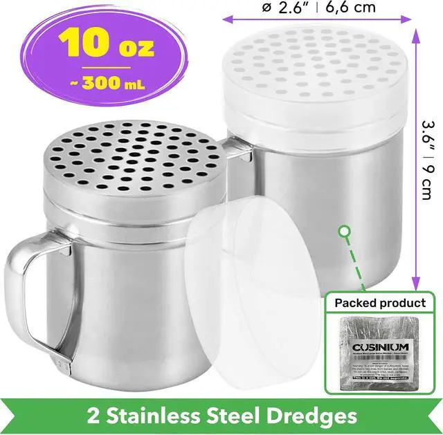 Alt view image 2 of 5 - CUSINIUM 10oz Metal Parmesan Cheese Shakers with Large Holes - With Handle - Chili Flakes Dispensers - Pizza Shakers - Pack of 2 | Style: Coarse