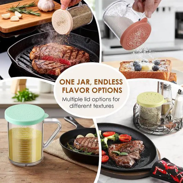 Alt view image 7 of 7 - Feekoon 5 Pcs Dredge with Snap Lid, Seasoning Sugar Spice Shaker with Lids | 10 OZ Clear Spice Dredge, Dishwasher Safe, Clear PC Body, Measuring Marks, Interchangeable Lids,Fine & Coarse Seasoning
