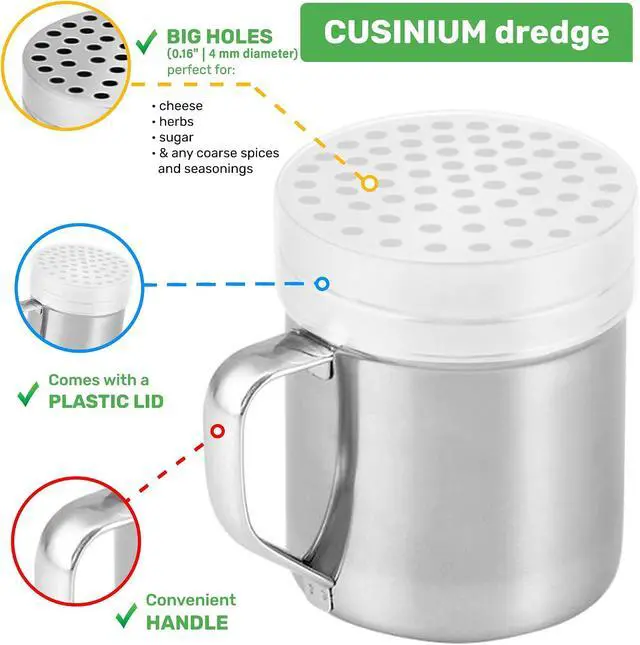Alt view image 3 of 5 - CUSINIUM 10oz Metal Parmesan Cheese Shakers with Large Holes - With Handle - Chili Flakes Dispensers - Pizza Shakers - Pack of 2 | Style: Coarse