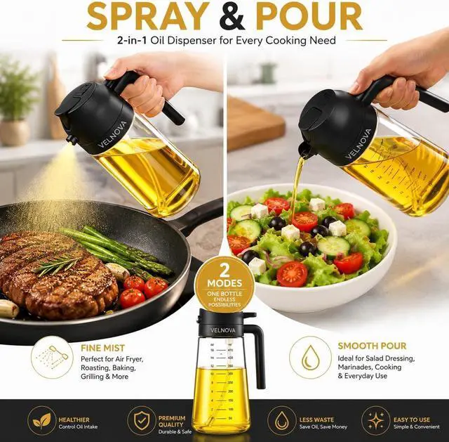 Alt view image 2 of 7 - Olive Oil Sprayer for Cooking, 16oz/470ml Glass Oil Sprayer & Dispenser, 2-in-1 Oil Mister Bottle for Air Fryer, Salad, BBQ, Frying, Roasting & Kitchen, Food Grade, Leakproof, Refillable