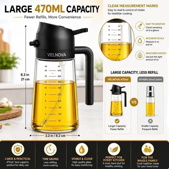 Alt view image 6 of 7 - Olive Oil Sprayer for Cooking, 16oz/470ml Glass Oil Sprayer & Dispenser, 2-in-1 Oil Mister Bottle for Air Fryer, Salad, BBQ, Frying, Roasting & Kitchen, Food Grade, Leakproof, Refillable