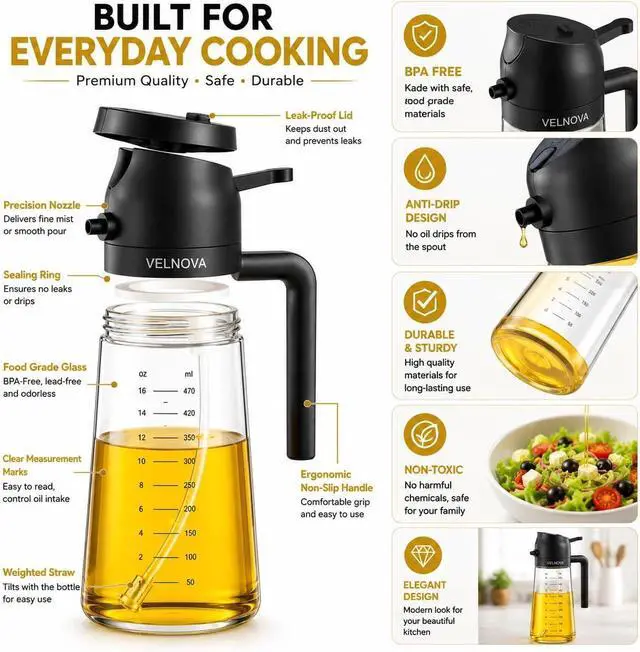 Alt view image 5 of 7 - Olive Oil Sprayer for Cooking, 16oz/470ml Glass Oil Sprayer & Dispenser, 2-in-1 Oil Mister Bottle for Air Fryer, Salad, BBQ, Frying, Roasting & Kitchen, Food Grade, Leakproof, Refillable