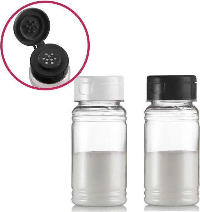 Alt view image 2 of 2 - Set of 2 - Plastic Salt and Pepper Shakers with Lid, Moisture Proof Spice Dispenser, Seasoning Container Pourer with Shaker Lids, 3.5 oz., Black & White