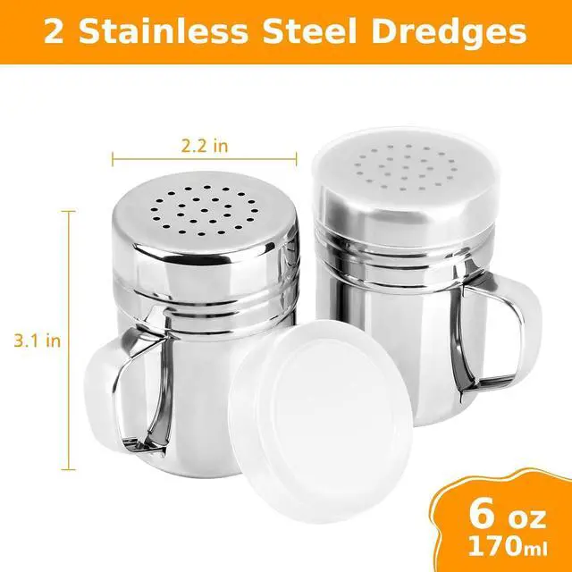 Alt view image 2 of 7 - Accmor 2pcs Stainless Steel Dredge, Salt Pepper Dredge Shakers with Handle, Seasonings Spice Shakers with Lid, 6 Ounce