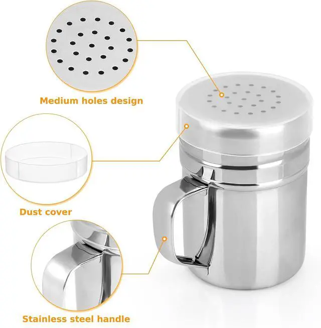 Alt view image 3 of 7 - Accmor 2pcs Stainless Steel Dredge, Salt Pepper Dredge Shakers with Handle, Seasonings Spice Shakers with Lid, 6 Ounce