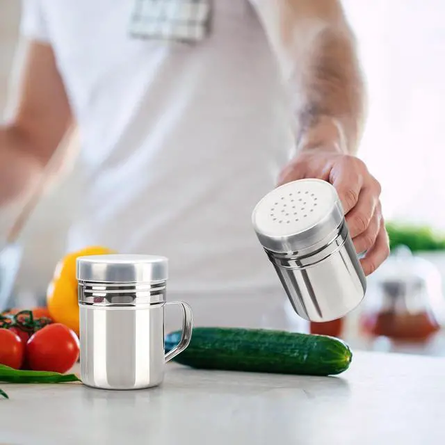 Alt view image 5 of 7 - Accmor 2pcs Stainless Steel Dredge, Salt Pepper Dredge Shakers with Handle, Seasonings Spice Shakers with Lid, 6 Ounce
