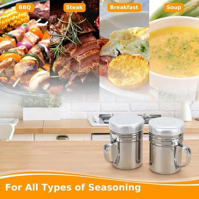 Alt view image 7 of 7 - Accmor 2pcs Stainless Steel Dredge, Salt Pepper Dredge Shakers with Handle, Seasonings Spice Shakers with Lid, 6 Ounce